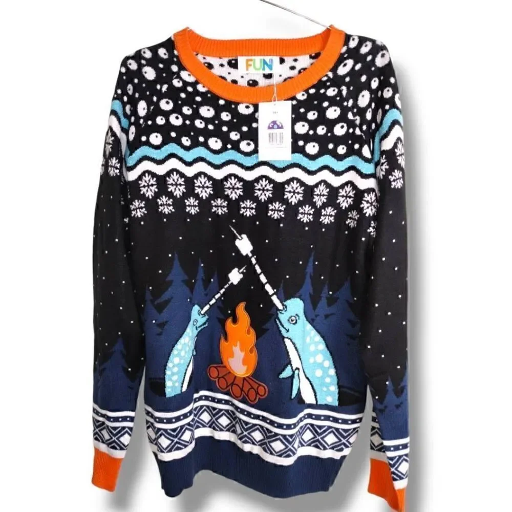 FUN Winter Sweater Unisex M, L Whales Snow‎ Roasting Crew Neck Acrylic Snow